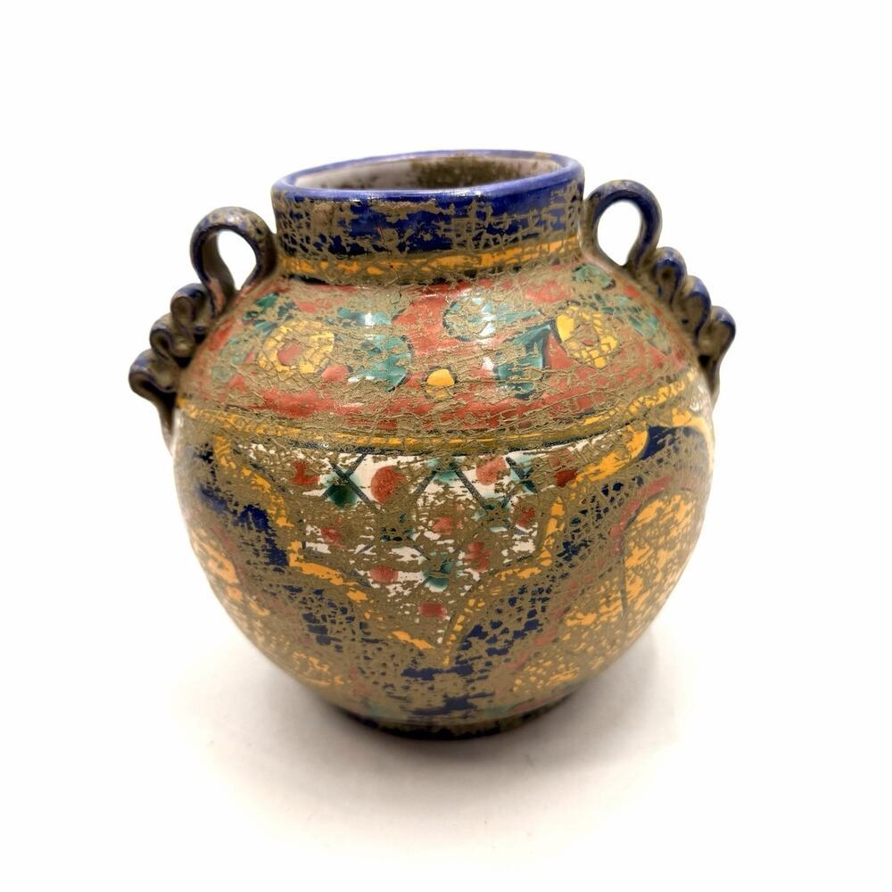Vintage Mexican Folk Art Pottery Small Jar Vase Hand Painted Handles 6" x 6"